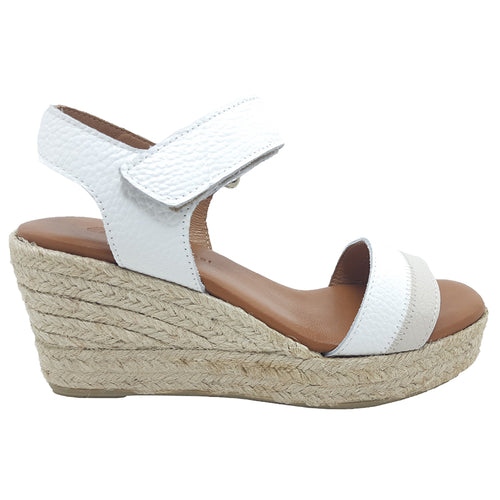 White And Light Grey With Beige Eric Michael Women's Panama Leather Espadrille Wedge Sandal