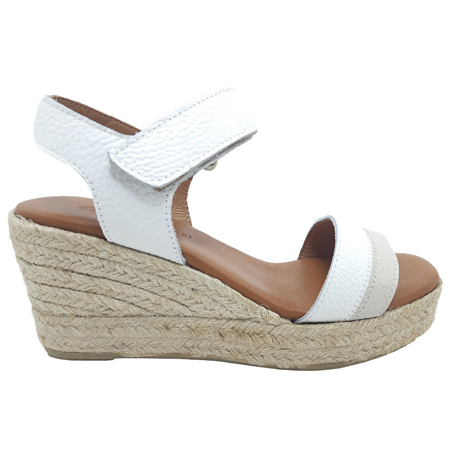 White And Light Grey With Beige Eric Michael Women's Panama Leather Espadrille Wedge Sandal
