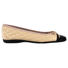 Load image into Gallery viewer, Beige With Black French Sole Women&#39;s Passport R Quilted Leather And Patent Ballet Flat Side View
