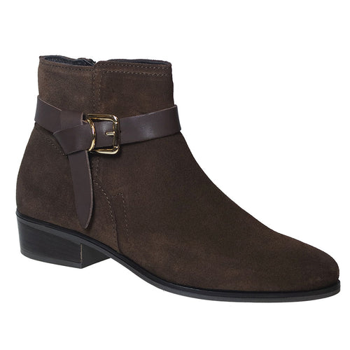 Brown With Black Sole Eric Michael Women's Petra Suede Side Zipper Block Heel Buckle Strap Ankle Boot