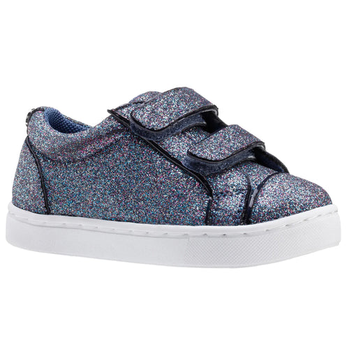 Navy And Multi Colors With White Sole Nina Doll Girl's Portia T Glitter Double Velcro Strap Casual Sneaker Sizes 8 to 12 Profile View