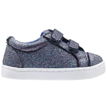 Load image into Gallery viewer, Navy And Multi Colors With White Sole Nina Doll Girl&#39;s Portia T Glitter Double Velcro Strap Casual Sneaker Sizes 8 to 12 Side View

