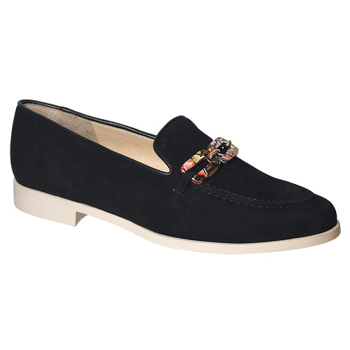 Nero Black With Beige Sole Brunate Women's Enea Nubuck Dres Loafer With Multi Color Mosaic Link Ornament