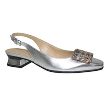 Load image into Gallery viewer, Silver With Black Sole Brunate Women&#39;s Lacey Metallic Leather Slingback Dress Pump With Square Mosaic Ornament Profile View
