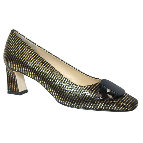 Nero Black And Gold Brunate Women's Emery Metallic Striped Leather Dress Pump With Black Circle And Patent Tab Ornament