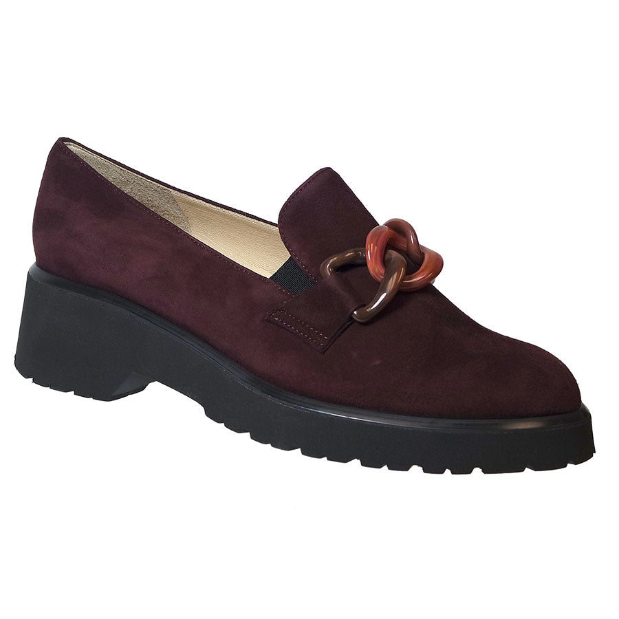 Bordeaux Purple With Black Sole Brunate Women's Devon Suede Loafer With Link Ornament