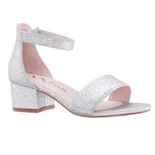 Load image into Gallery viewer, Silver With Tan Sole Nina Doll Girl&#39;s Rejina Glittery Fabric Block Heel Ankle Strap Sandal Sizes 13 and 1 to 6 Profile View
