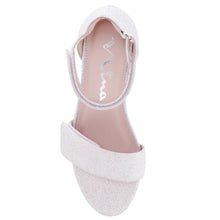 Load image into Gallery viewer, White With Tan Sole Nina Doll Girl&#39;s Rejina Glittery Fabric Block Heel Ankle Strap Sandal Sizes 10 to 13 and 1 to 6 Top View
