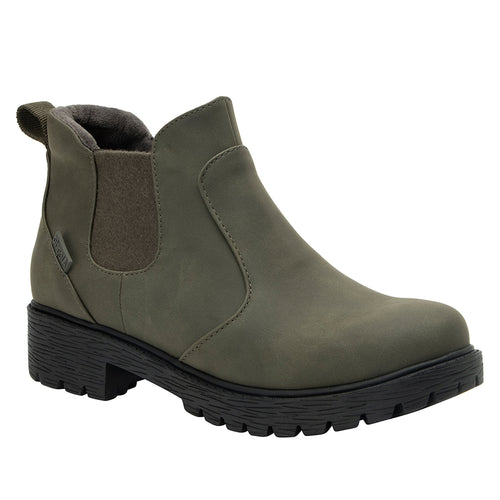 Relaxed Moss Green With Black Sole Alegria Women's Rowen Waterproof Vegan Leather Chelsea Boot Lug Sole Profile View