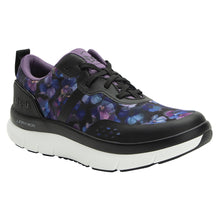 Load image into Gallery viewer, Black With Purple And White Alegria Women&#39;s Elips Pansy Power Printed Knit Athletic Sneaker Profile View
