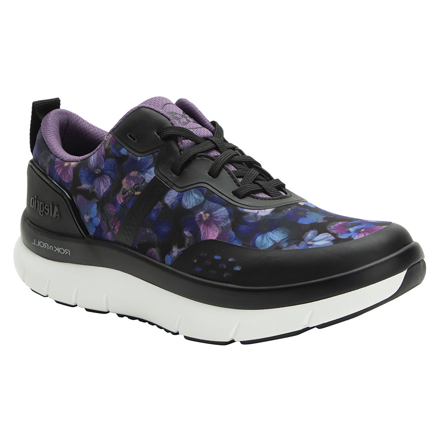 Black With Purple And White Alegria Women's Elips Pansy Power Printed Knit Athletic Sneaker Profile View