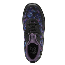 Load image into Gallery viewer, Black With Purple And White Alegria Women&#39;s Elips Pansy Power Printed Knit Athletic Sneaker Top View
