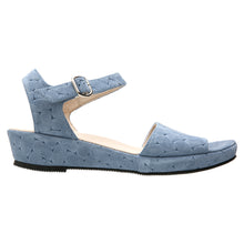 Load image into Gallery viewer, Smoke Blue With Black Sole Brunate Women&#39;s Kaden Knit Wedge Triple Strap Sandal Side View
