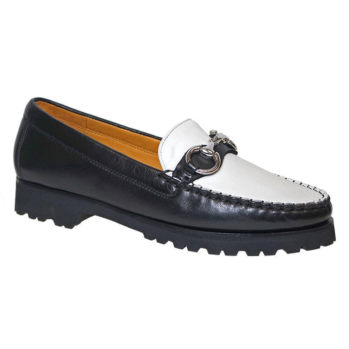 Black And White Robert Zur Women's Soho Glove Leather Loafer With Silver Link Ornament