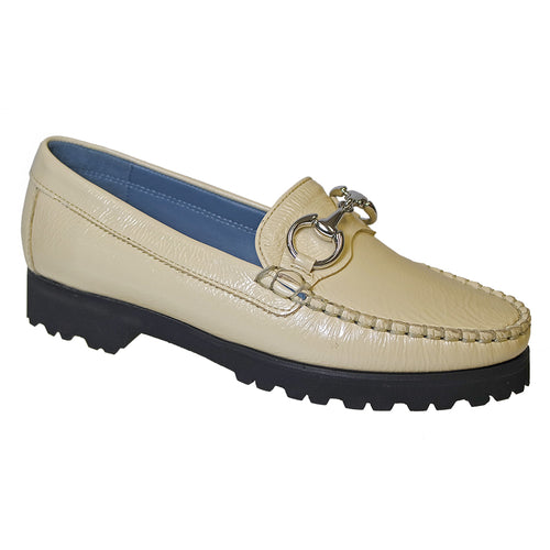 Bone Beige with Black Sole Robert Zur Women's Soho Crinkle Patent Leather Loafer With Silver Link Ornament