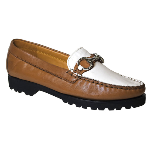Honey Brown And White Black Sole Robert Zur Women's Soho Glove Leather Loafer With Silver Link Ornament