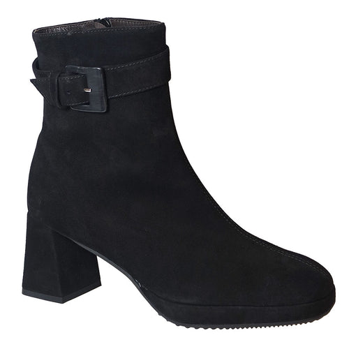 Nero Black Brunate Women's Aubre Suede Heeled Side Zipper Ankle Boot With Ankle Buckle Strap Tt Top