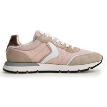 Load image into Gallery viewer, Peach Pink With Brown And White With Black And White Sole Voile Blanche Fabric And Suede Sneaker Side View
