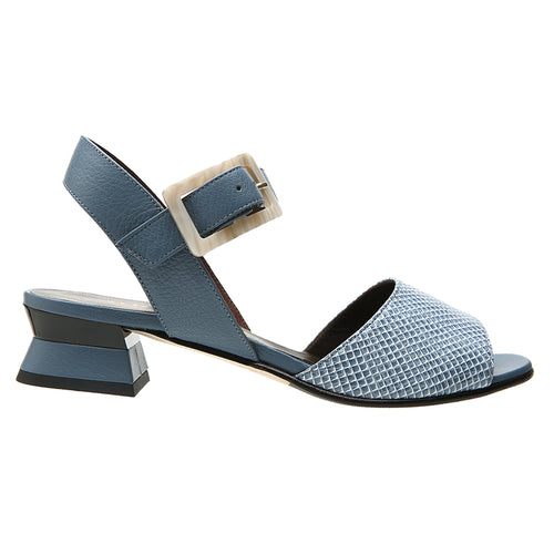 Smoke Blue With Black Sole Brunate Women's Gwen Leather And Snake Print Leather Quarter Strap Heeled Sandal
