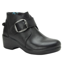 Load image into Gallery viewer, Black Alegria Women&#39;s Symone Coal Boot Leather Ankle Boot Buckle Strap Profile View
