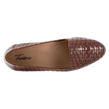 Load image into Gallery viewer, Brown With Black Sole Trotters Women&#39;s Liz Weaved Leather Loafer Top View
