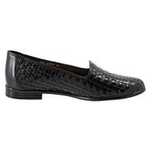 Load image into Gallery viewer, Black Trotters Women&#39;s Liz Weaved Leather Loafer Side View
