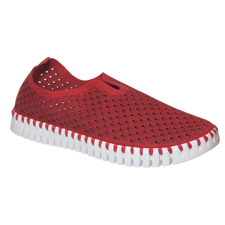 Deep Red With White Sole Ilse Jacobsen Women's Tulip 139 Scalloped Embossed Synthetic Slip On Casual Sneaker