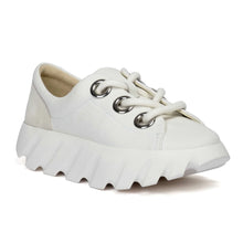 Load image into Gallery viewer, White 4ccccees Women&#39;s Tura Fabi Canvas And Split Suede Platform Sneaker With Large Laces And Eyelets Profile View
