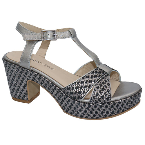 Silver And Black Eric Michael Women's Valencia Cross Hatched Metallic Leather and Leather Heeled Cross Strap Ankle Strap Sandal