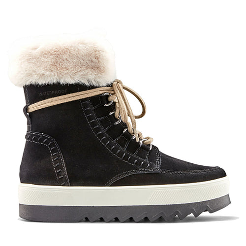 Black And White With Cream Beige Furry Collar And Laces Cougar Women's Vanetta Waterproof Suede Mid Height Winter Combat Boot