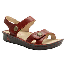 Load image into Gallery viewer, Garnet Dark Red With Black Sole Alegria Women&#39;s Vienna Triple Strap Leather Sandal Profile View
