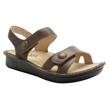 Load image into Gallery viewer, Stones Throw Brown Alegria Women&#39;s Vienna Leather Triple Strap Sandal Flat Profile View
