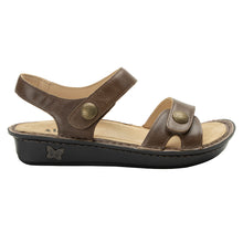 Load image into Gallery viewer, Stones Throw Brown Alegria Women&#39;s Vienna Leather Triple Strap Sandal Flat Side View
