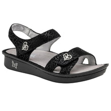 Load image into Gallery viewer, Black ALegria Womens Vienna Waverly Patterned Suede Triple Strap Sandal Flat Profile View
