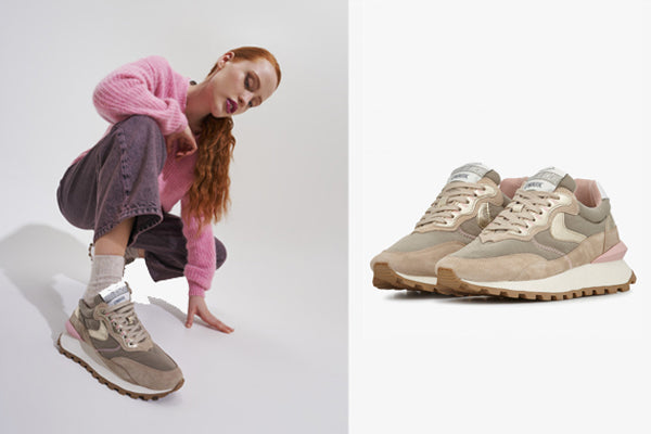 Voile Blanche Qwark Hype Women Nubuck Textile Shearling Lined Fall Winter Sneaker Harry's Shoes Upper West Side NYC Lifestyle Girl Kneeling While Wearing Sneaker With Another Pair On Grey Background