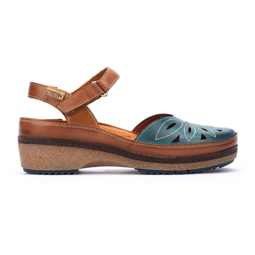 River Greenish Blue With Tan Pikolinos Women's Granada W0W Leather With Symbol Cut Outs Quarter Strap Wedge Sandal