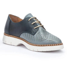 Load image into Gallery viewer, Denim Dark Blue And Light Blue With White Sole Pikolinos Women&#39;s Henares W1A Perforated Leather Laced Shoe Profile View
