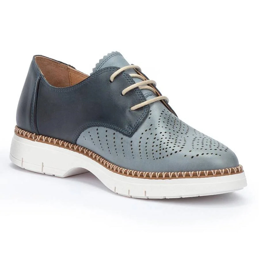 Denim Dark Blue And Light Blue With White Sole Pikolinos Women's Henares W1A Perforated Leather Laced Shoe Profile View