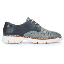 Load image into Gallery viewer, Denim Dark Blue And Light Blue With White Sole Pikolinos Women&#39;s Henares W1A Perforated Leather Laced Shoe Side View
