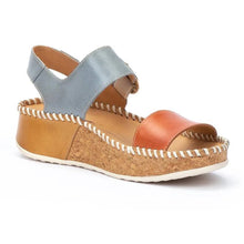 Load image into Gallery viewer, Nectar Tan And Light Blue With Beige Sole Pikolinos Women&#39;s Marina W1C Leather Ankle Strap Sandal Profile View
