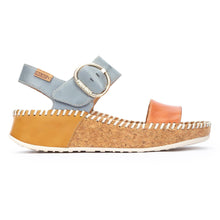 Load image into Gallery viewer, Nectar Tan And Light Blue With Beige Sole Pikolinos Women&#39;s Marina W1C Leather Ankle Strap Sandal Side View

