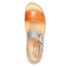 Load image into Gallery viewer, Nectar Tan And Light Blue With Beige Sole Pikolinos Women&#39;s Marina W1C Leather Ankle Strap Sandal Top View
