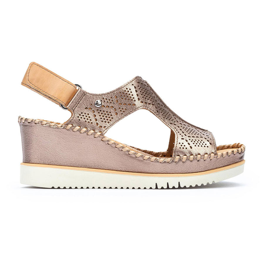Stone Beige And Gold With White Sole Pikolinos Women's Aguadulce W3Z Leather And Perforated Metallic Leather Slingback Wedge Sandal