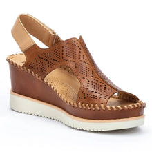 Load image into Gallery viewer, Brandy Brown With White Sole Pikolinos Women&#39;s Adguadulce W3Z Perforated Leather Open Toe Singback Wedge Sandal Profile View
