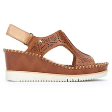 Load image into Gallery viewer, Brandy Brown With White Sole Pikolinos Women&#39;s Adguadulce W3Z Perforated Leather Open Toe Singback Wedge Sandal Side View
