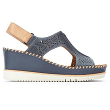 Load image into Gallery viewer, Blue And Beige With White Sole Pikolinos Women&#39;s Aguadulce W3Z Perforated Leather Open Toe Slingback Sandal Wedge Side View
