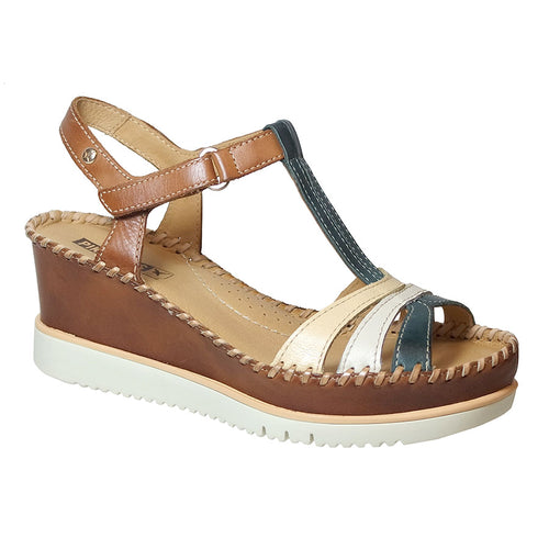 Brown And Green And Beige And White Pikolinos Women's Aguadulce W3Z Leather T Strap Wedge Sandal