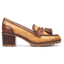 Load image into Gallery viewer, Almond Tan And Brown Pikolinos Women&#39;s Llanes W7H Leather Block Heel Dress Loafer With Tassels Side View
