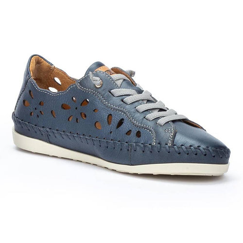Blue With White Sole Pikolinos Women's Soller W8B Leather With Perforated Floral Cut Outs Casual Sneaker Profile View