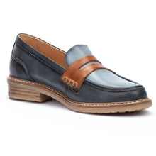 Load image into Gallery viewer, Marfil Dark Blue With Tan Pikolinos Women&#39;s Aldaya W8J Leather Penny Loafer Profile View

